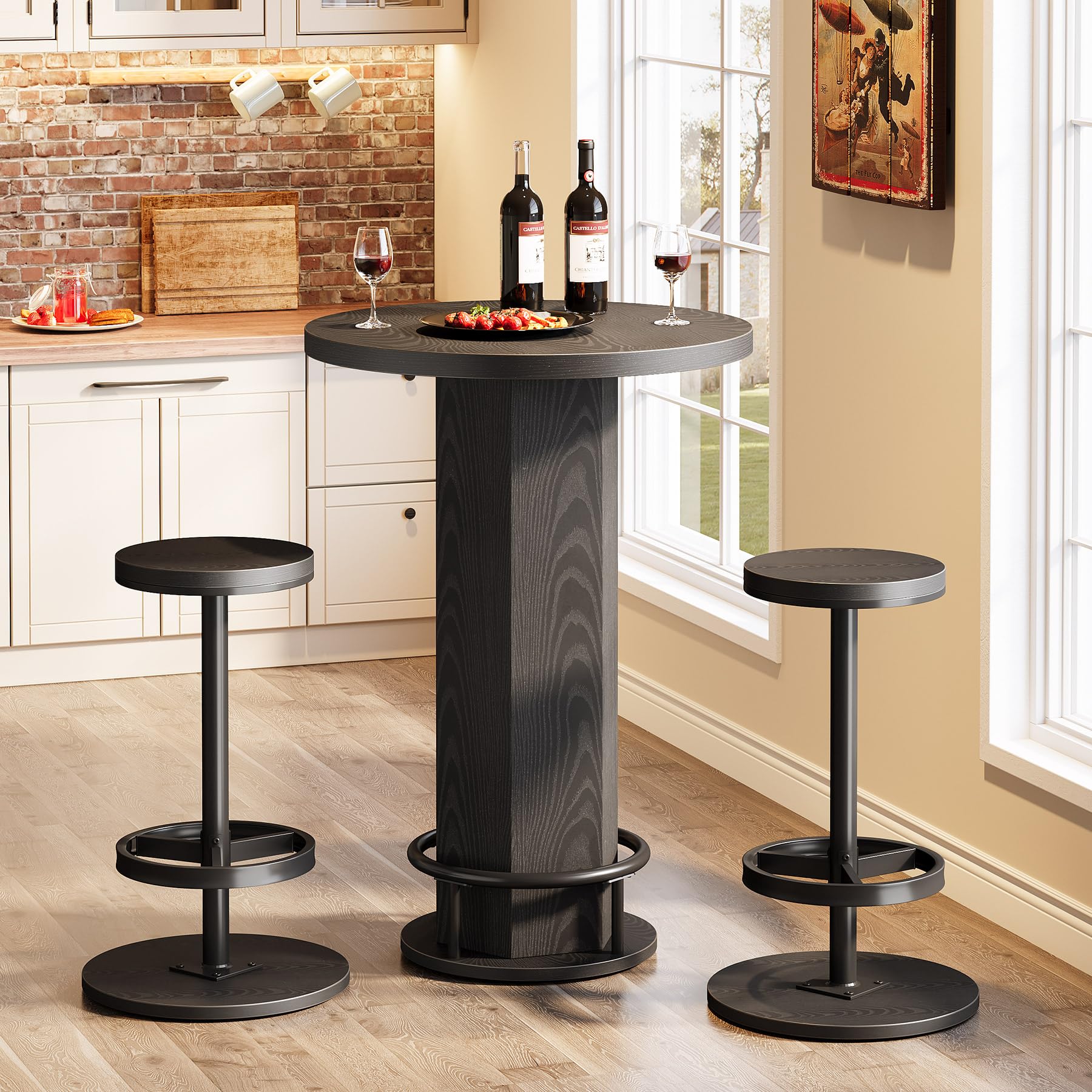 Tribesigns Round Bar Table with Chairs, Industrial Black Bistro Sets with 2 Barstools, Small Pub Table with Metal Ring Footrest