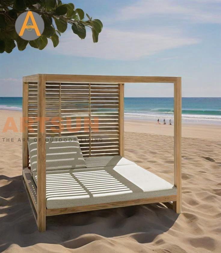 Teak Wood Durable Guaranteed Daybed Weather Resistant Double Size Outdoor Sunbed Beach &amp; Pool Relaxation Furniture for Hotel Resort Villa