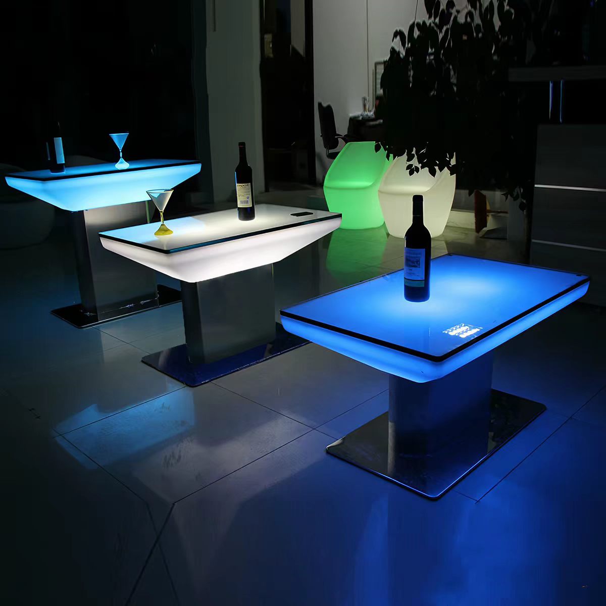 KTV Outdoor Cafe Commercial Bar Table with Luminous LED Lighting and Bar Chair Modern Square Plastic Tabletop