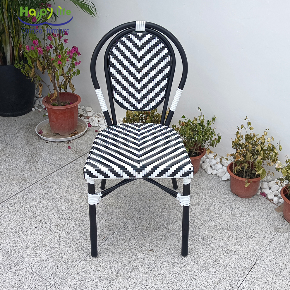 Happy Life Durable Metal French Bistro Restaurant Table Chair Set Stackable Rattan Design UV Protection for Outdoor Dining Park