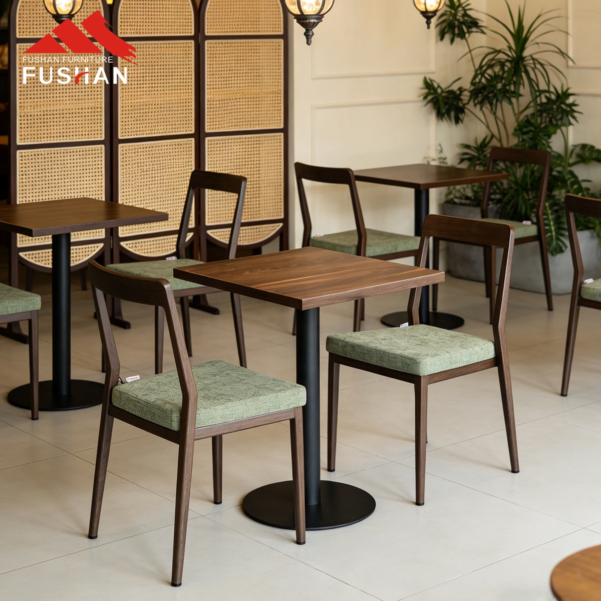 Wholesale Wood Look Metal Restaurant Table and Chair Set Nordic Fabric Cushion Seat Commercial Cafe Bistro Dining Furniture Sets