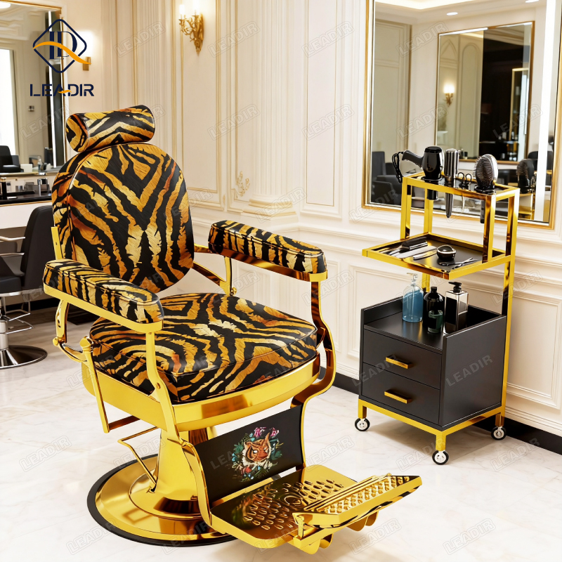 Retro Style Barbershop Black Leather Gold Metal Styling Shaving Chair Luxury Reclining Swivel Frame Barber Chair for Salon