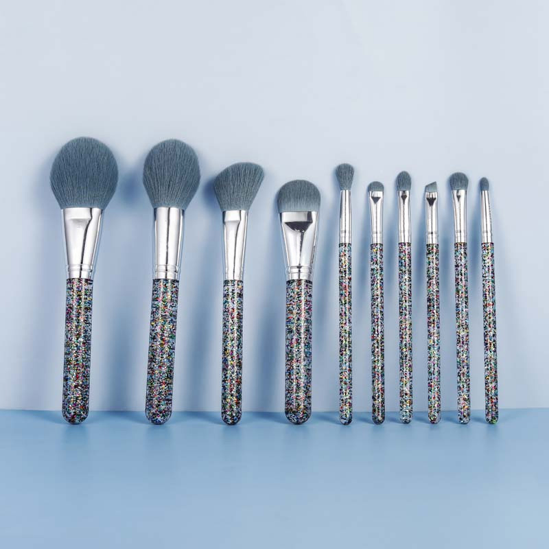 10 PC Colorful Floating Sequins Foundation Blending Blush Eyeliner Face Powder Beauty Makeup Brush Plastic Women's Fashion Makeup Brush Set