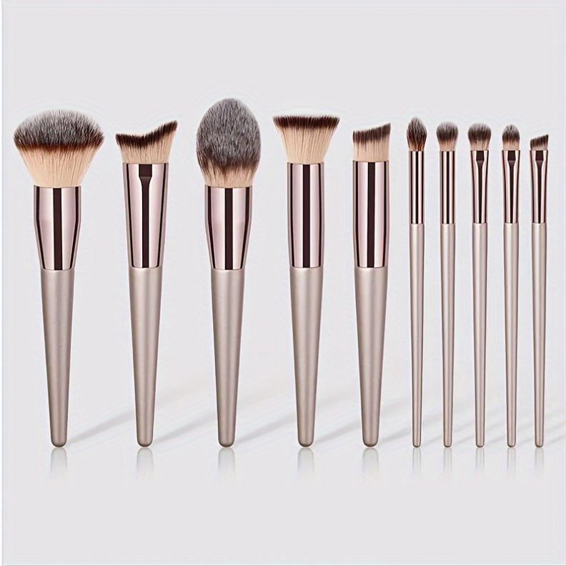 10-Piece Synthetic Hair Makeup Brush Set-Champagne Finish Eyeshadow Foundation Multi-Functional Professional Set Plastic Handles