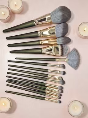 Professional Dark Green Face Makeup Brush Set 14 Golden Vegetarian Non-Cruel Soft Hair Fan Brush Foundation