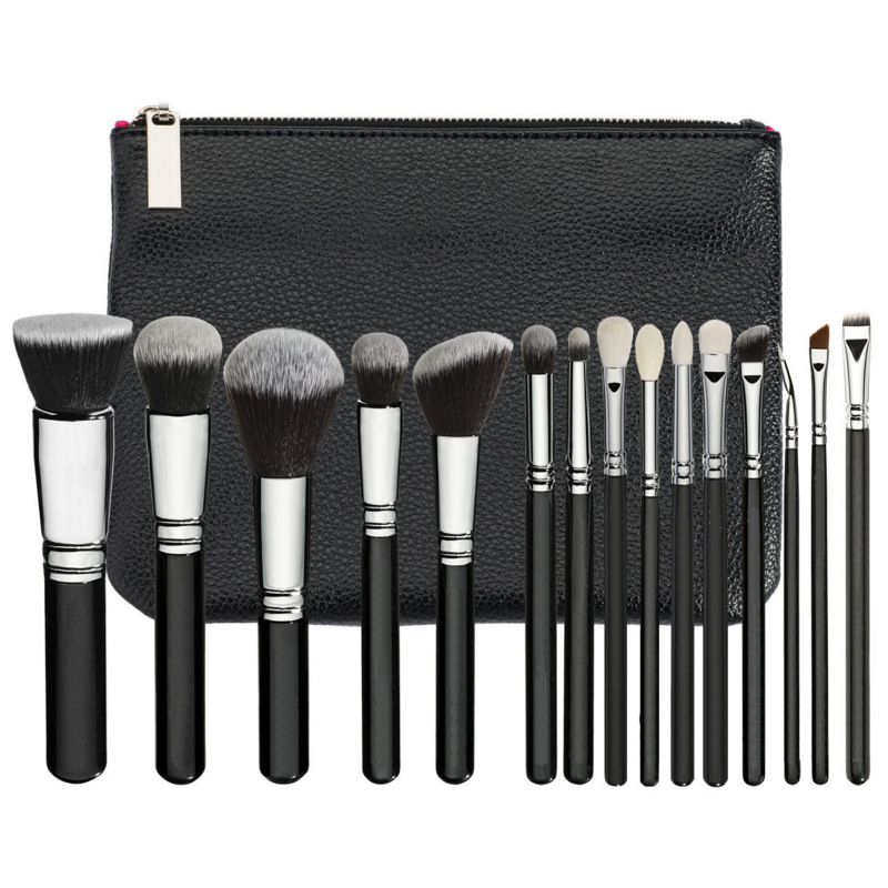 Professional Soft Hair Bristles Leather Pouch Wooden Handle Full Face Eye Cosmetic Custom Private Makeup Brush Set