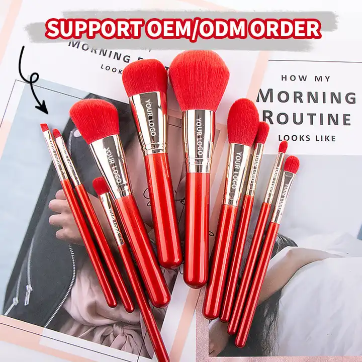 Wholesale Beauty Tools 10pcs Chinese Red Makeup Brushes Set Synthetic Hair Blush Brush Christmas Special Edition Cosmetic Bag