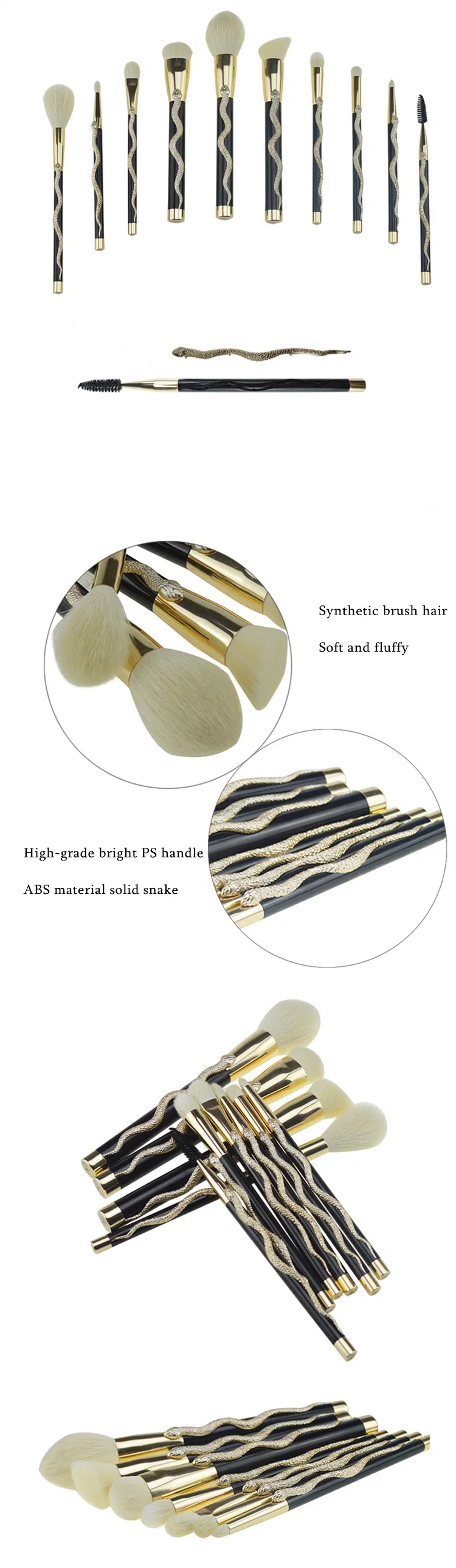 Luxury Makeup Tools 10PCS 3D Snake Shape Makeup Brushes Set with Barrel Holder