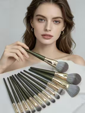 Professional Dark Green Face Makeup Brush Set 14 Golden Vegetarian Non-Cruel Soft Hair Fan Brush Foundation