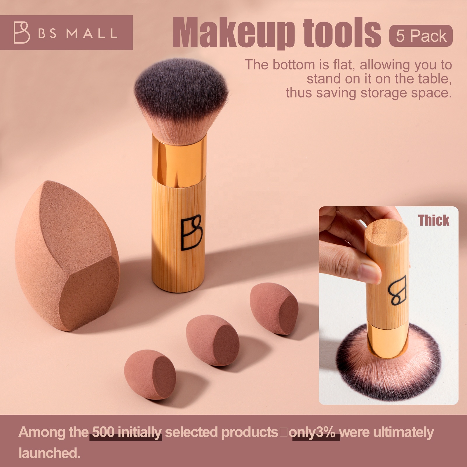 BS-MALL Eco-Friendly Bamboo Kabuki Brush Set Custom Logo High Density Vegan Synthetic Large Foundation Brush with Makeup Sponge