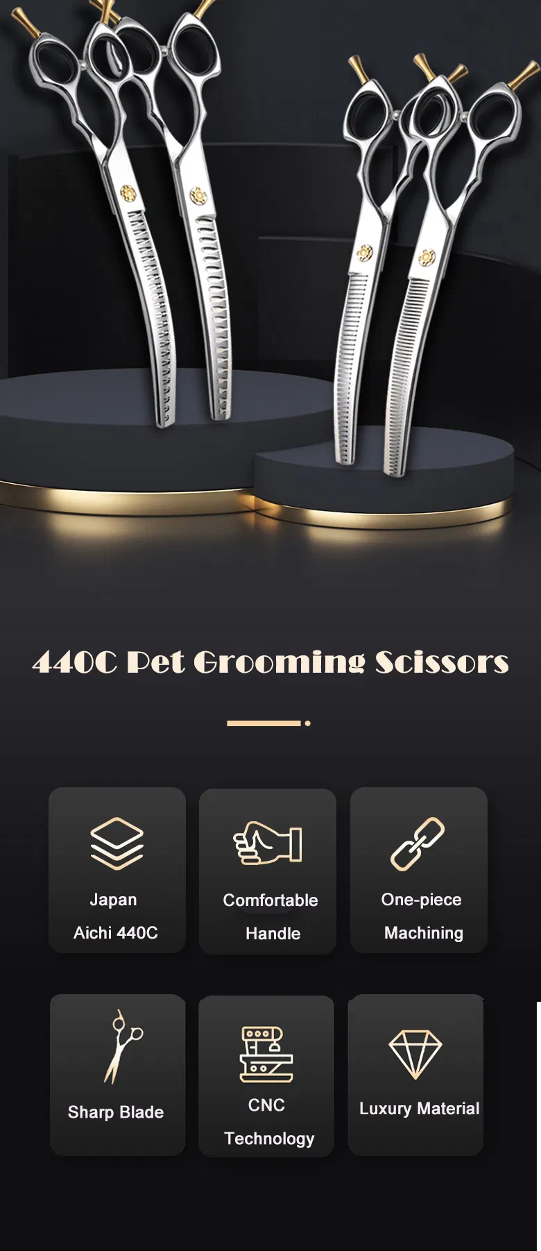 Japan 440c Curved Stainless Steel Pet Grooming Scissor Shear Set
