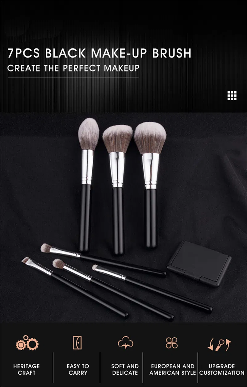 Customized OEM Manufacturer 7PCS Foundation Buffing Vegan Professional Private Label Black Makeup Cosmetic Brushes Set