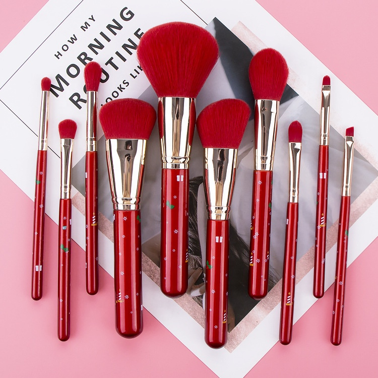 Christmas Gift 10 PCS Red Handle Premiun Synthetic Hair Vegan Makeup Brush Set