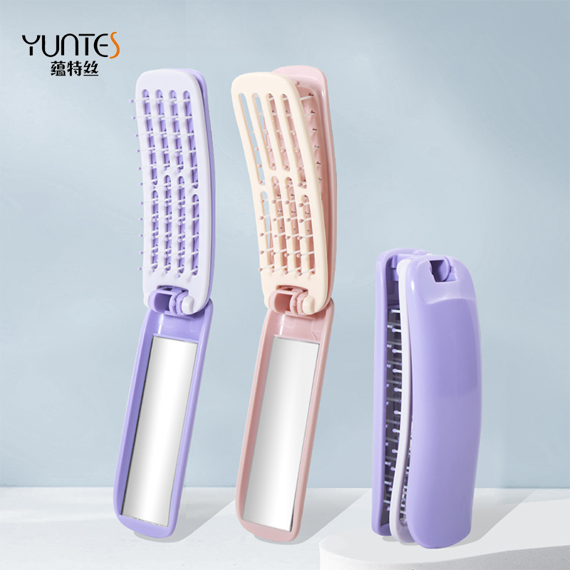 Mini Pink Detangle Folding Travel ABS Nylon Hair Brushes Customized Portable with Makeup Mirror Plastic