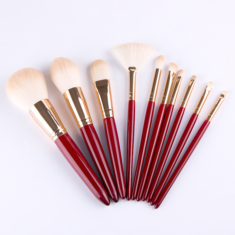 Professional 10PCS Makeup Brushes Set with Red Col Wooden Handle Foundation Brushes with Bag