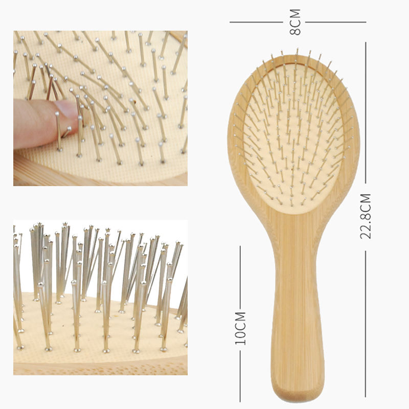 Natural Bamboo Handle Salon Care Scalp Massage Hair Brush Straightener with Stainless Steel Metal Pin Tooth