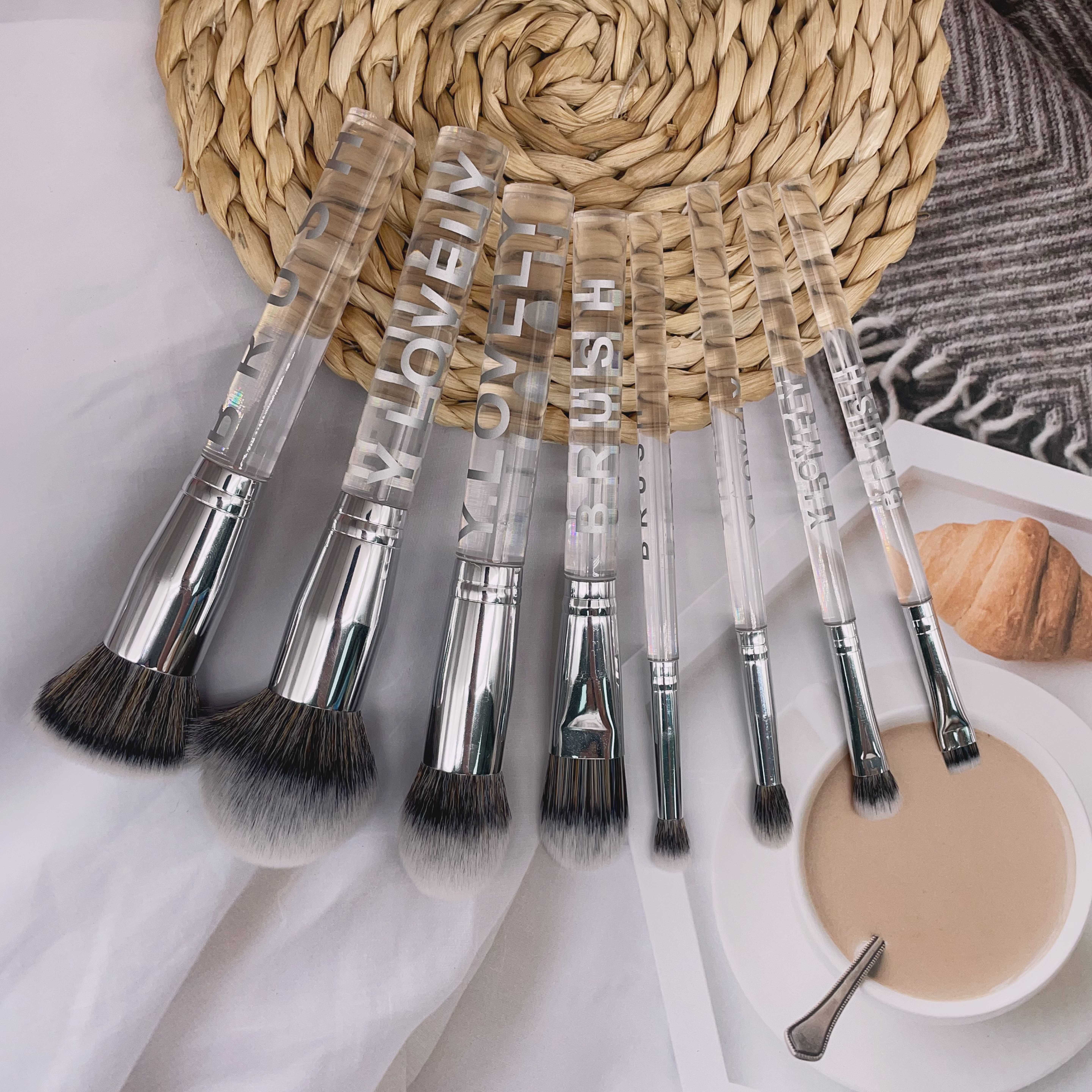 YRX OEM 8pcs Transparent Plastic Handle Synthetic Hair Eco-friendly Long-Lasting Handcrafted Makeup Brush Logo Foundation Eye