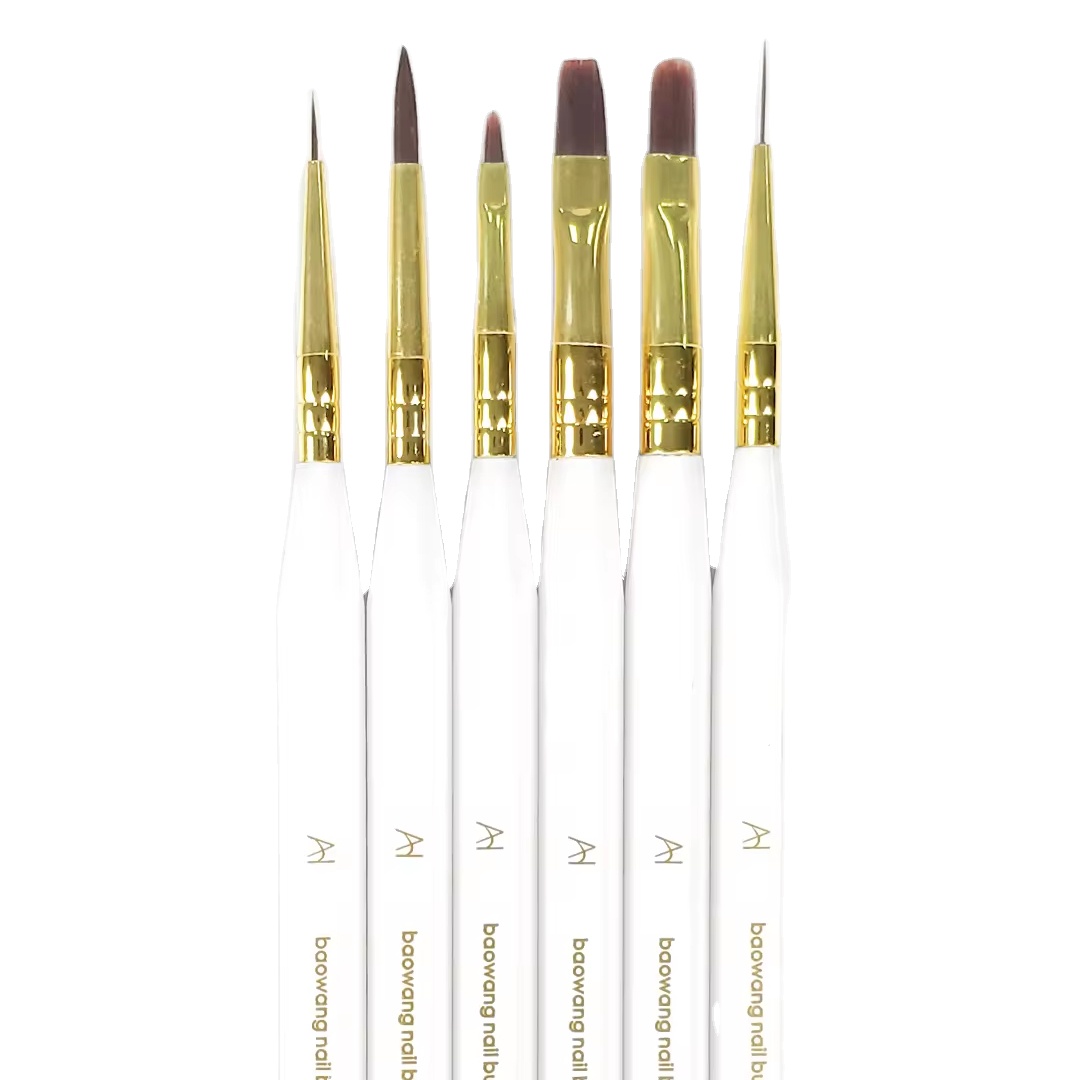 High Quality BAOWANG Brand Customized OEM White Hexagon Handle Nail Art Brush Set Professional Nail Art Tools Nylon Bristles UV