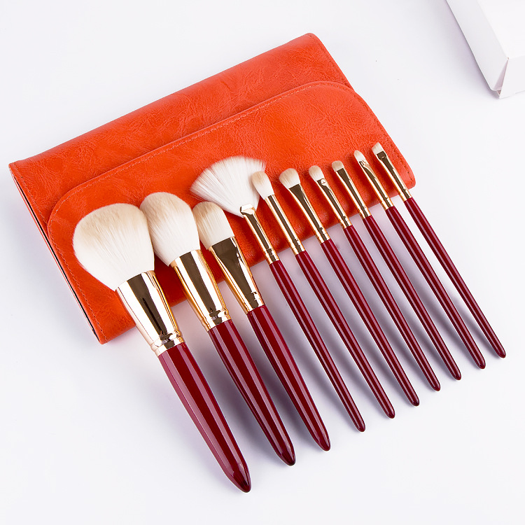 Professional 10PCS Makeup Brushes Set with Red Col Wooden Handle Foundation Brushes with Bag