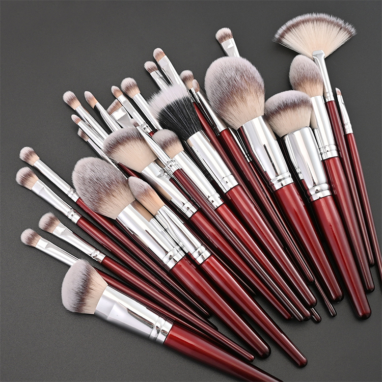 30pcs Professional Customizable Face Makeup Brush Set Red Wooden Handle Fan-Shaped Loose Powder Eyeshadow Brushes Concealer