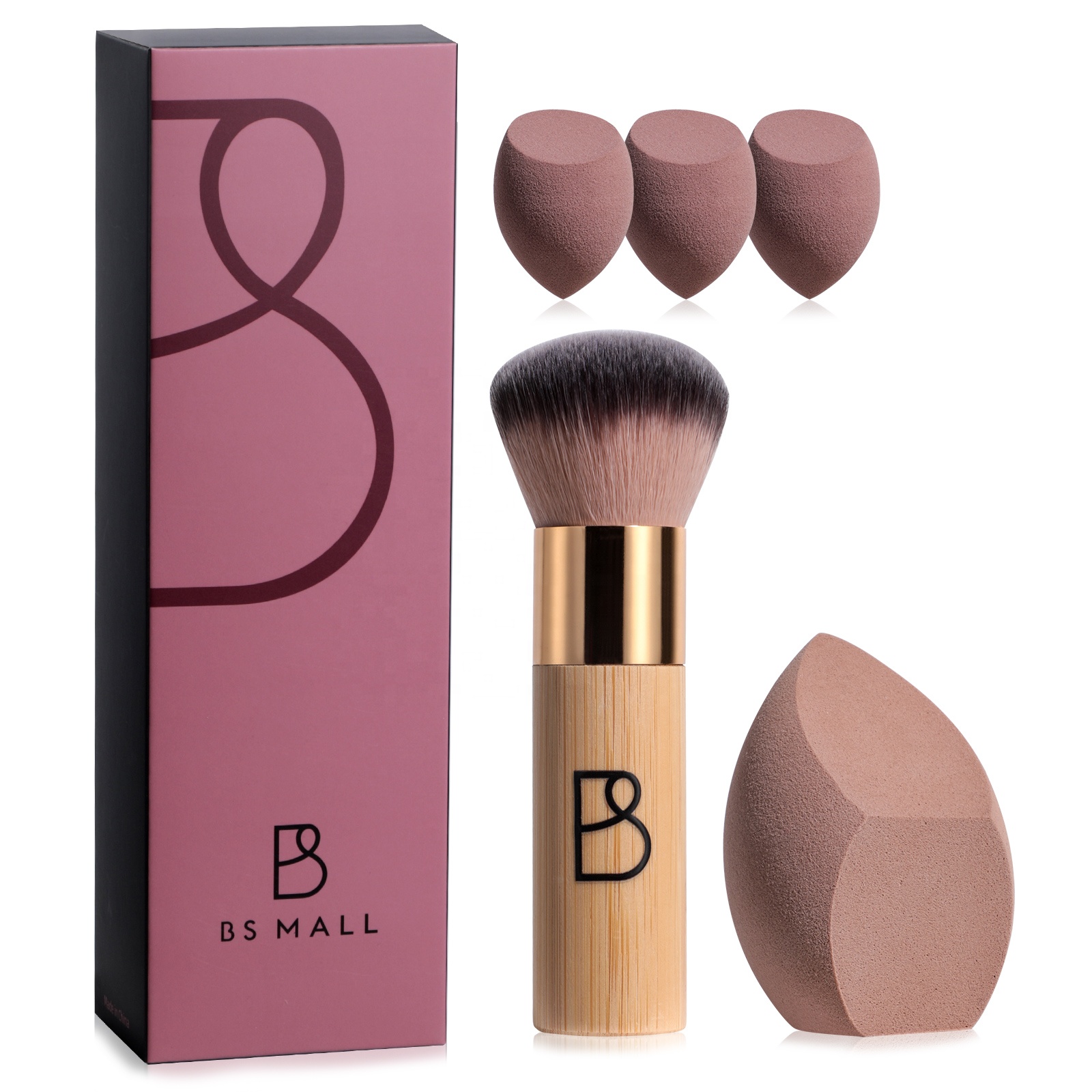 BS-MALL Eco-Friendly Bamboo Kabuki Brush Set Custom Logo High Density Vegan Synthetic Large Foundation Brush with Makeup Sponge