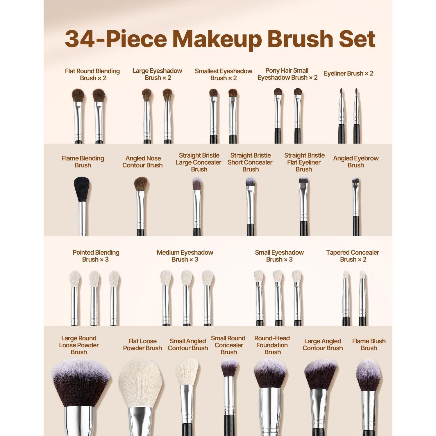 34 Pcs Soft Bristle Makeup Brush Set Foundation Blending Eyeshadow Face And Eyes Tools