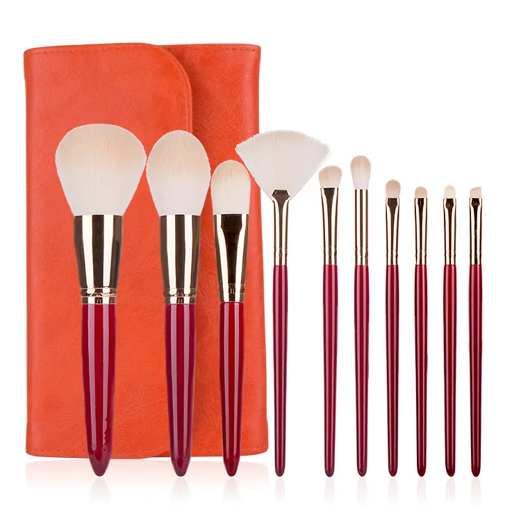 Professional 10PCS Makeup Brushes Set with Red Col Wooden Handle Foundation Brushes with Bag