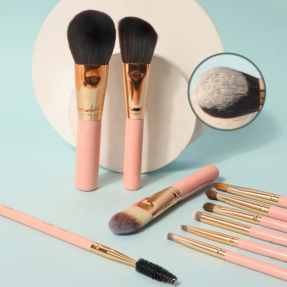 High Quality Travel Custom Logo 10pcs Vegan Makeup Brush Set Private Label Pink Eye Makeup Brushes with Eye Shadow
