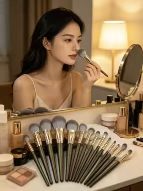 Professional Dark Green Face Makeup Brush Set 14 Golden Vegetarian Non-Cruel Soft Hair Fan Brush Foundation