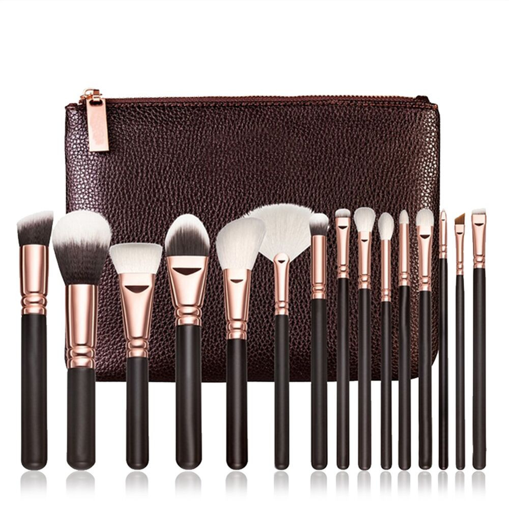 Professional Soft Hair Bristles Leather Pouch Wooden Handle Full Face Eye Cosmetic Custom Private Makeup Brush Set