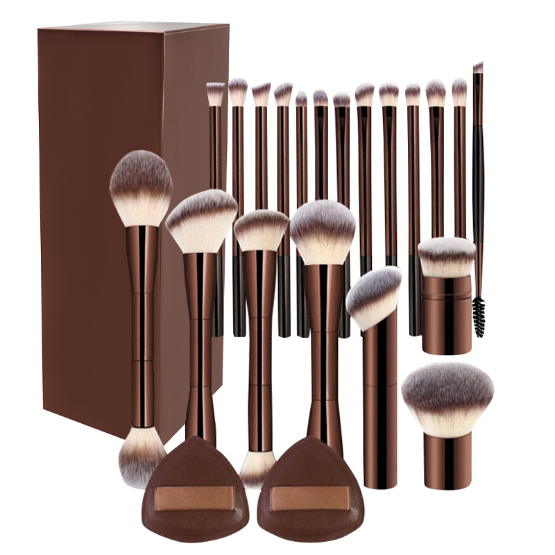 Professional Metal Aluminum Handle Synthetic Hair Durable Skin-Friendly 20-Piece Double-Ended Flat Makeup Brush Set for Makeup