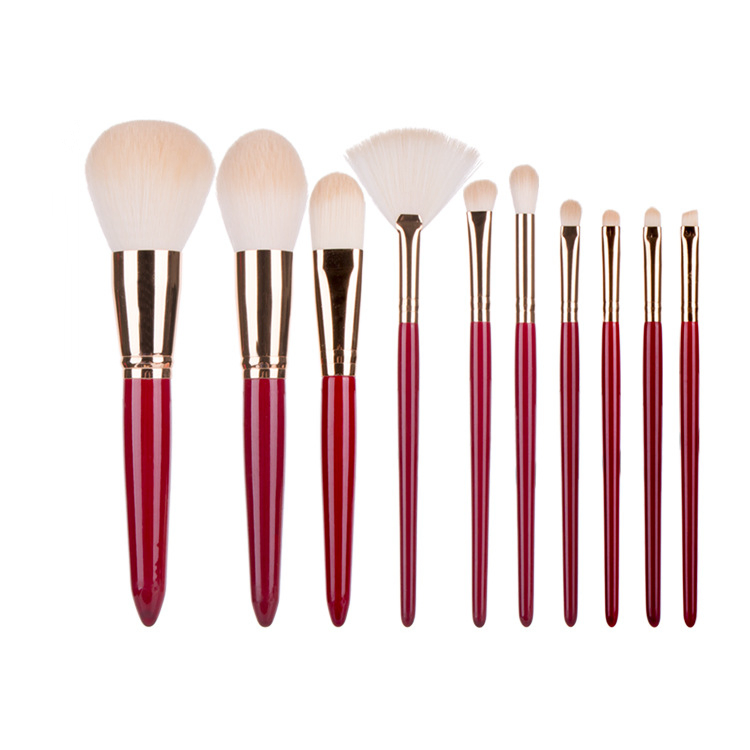 Professional 10PCS Makeup Brushes Set with Red Col Wooden Handle Foundation Brushes with Bag