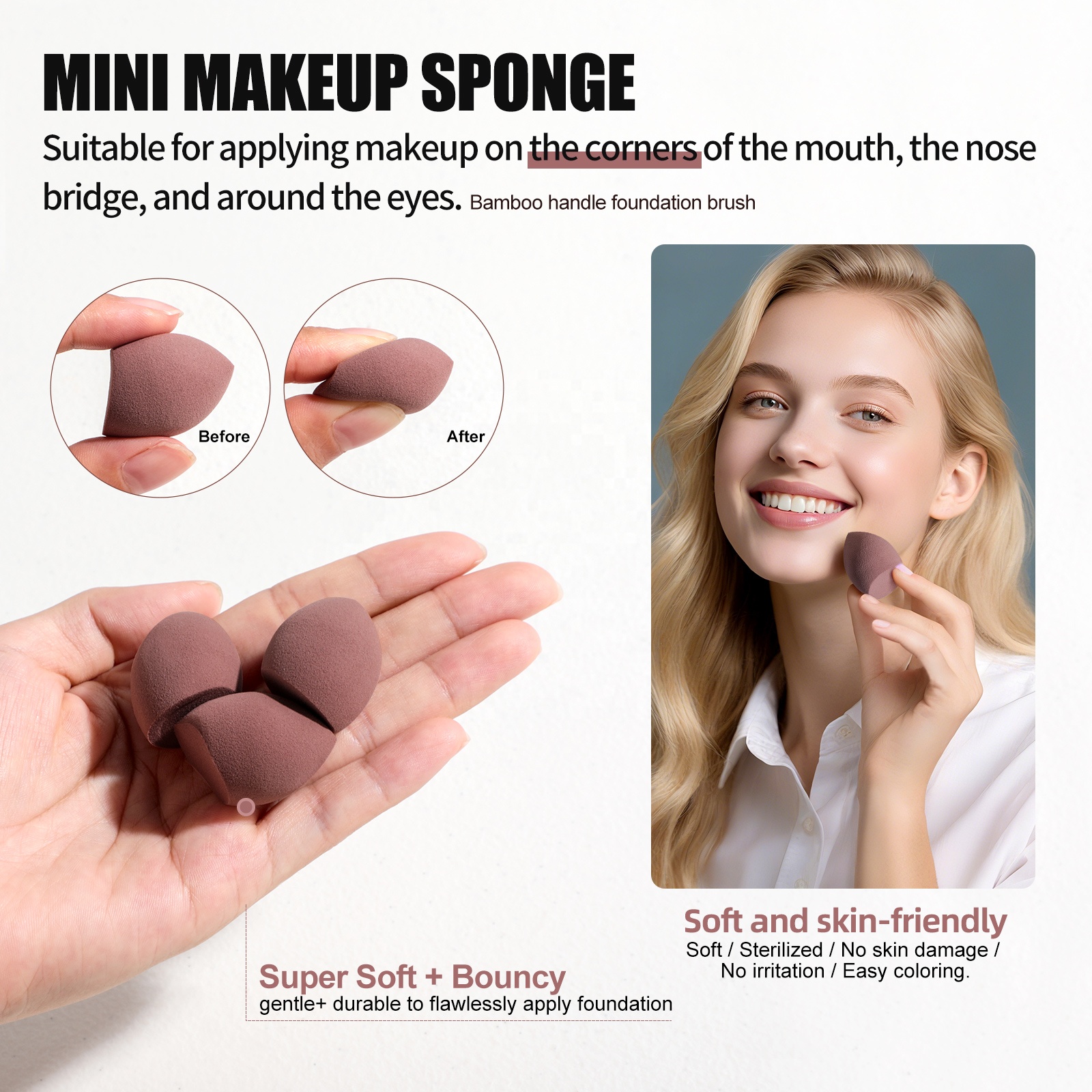 BS-MALL Eco-Friendly Bamboo Kabuki Brush Set Custom Logo High Density Vegan Synthetic Large Foundation Brush with Makeup Sponge