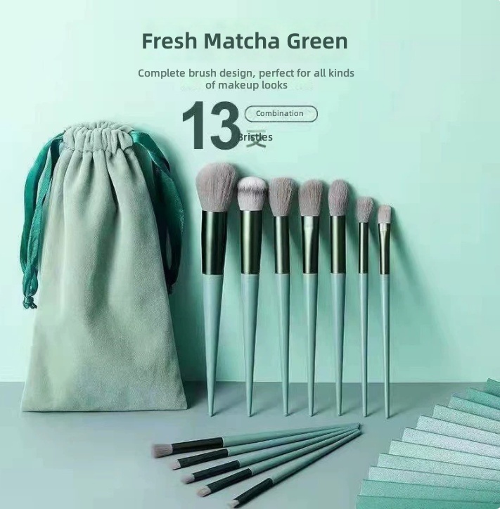 13 Sijiqing Face Makeup Brush Set Synthetic Fibre Bristles Plastic Handle Full Set Includes Flannel Bag Four Seasons Green Model