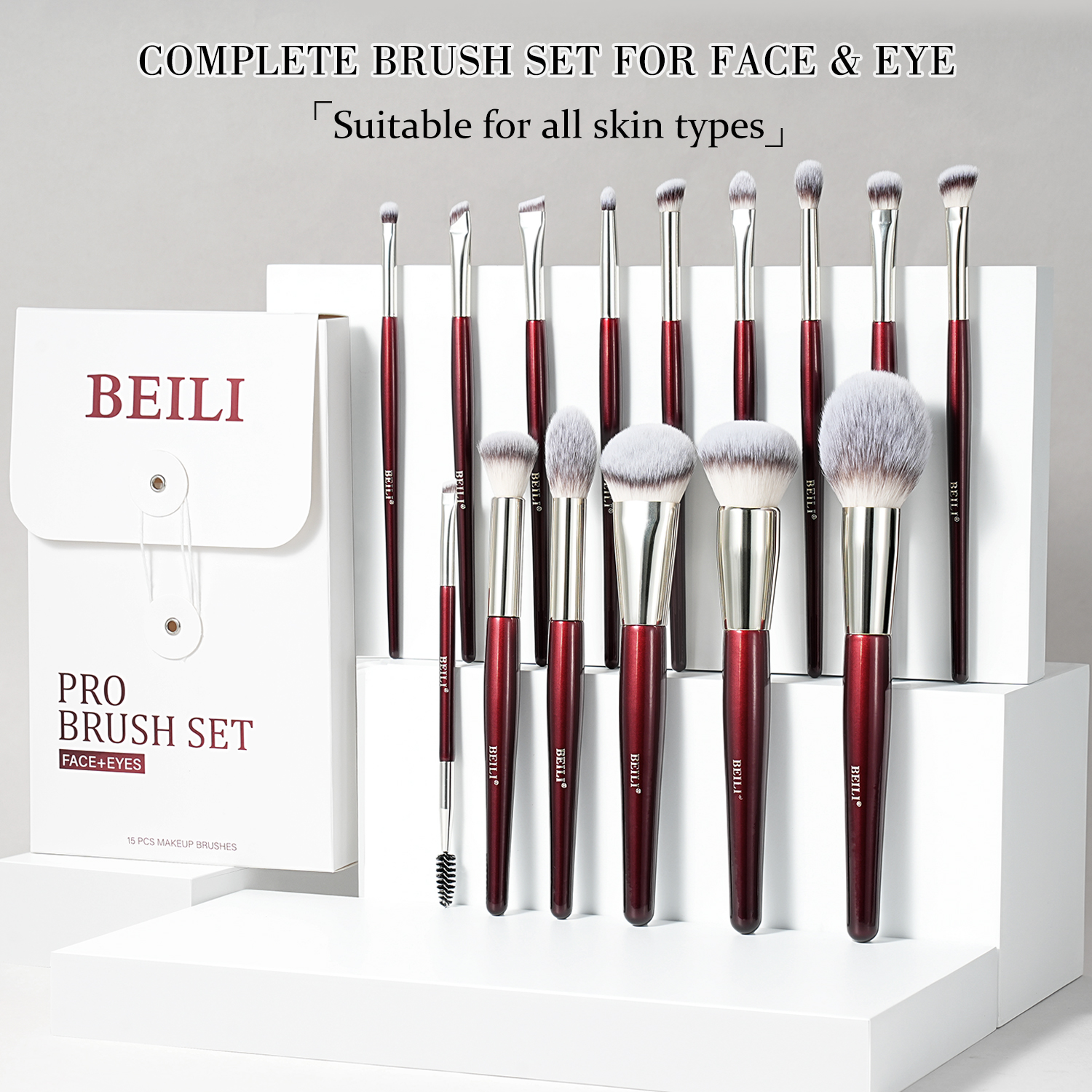 15pcs Glitter Burgundy Red Make up Brushes Vegan Synthetic Hair Travel-Friendly Professional Makeup Brush Kit with Eco Packaging