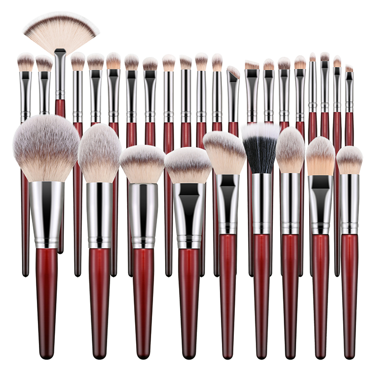 30pcs Professional Customizable Face Makeup Brush Set Red Wooden Handle Fan-Shaped Loose Powder Eyeshadow Brushes Concealer