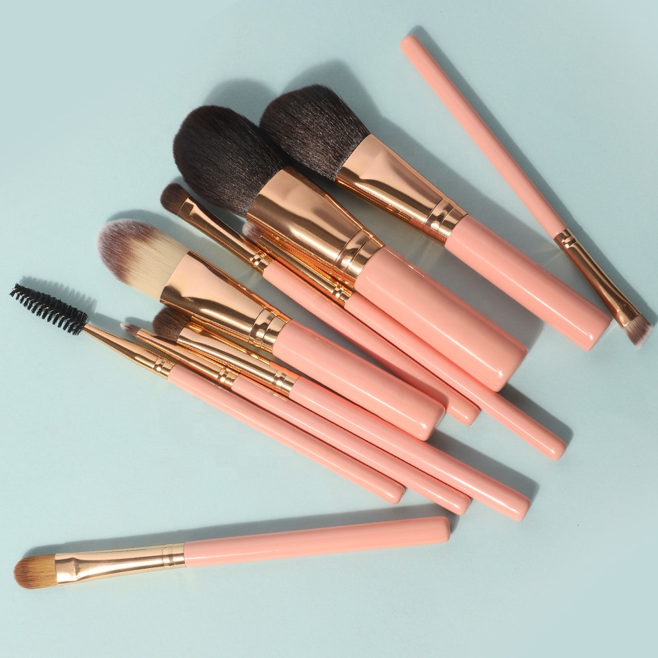 High Quality Travel Custom Logo 10pcs Vegan Makeup Brush Set Private Label Pink Eye Makeup Brushes with Eye Shadow