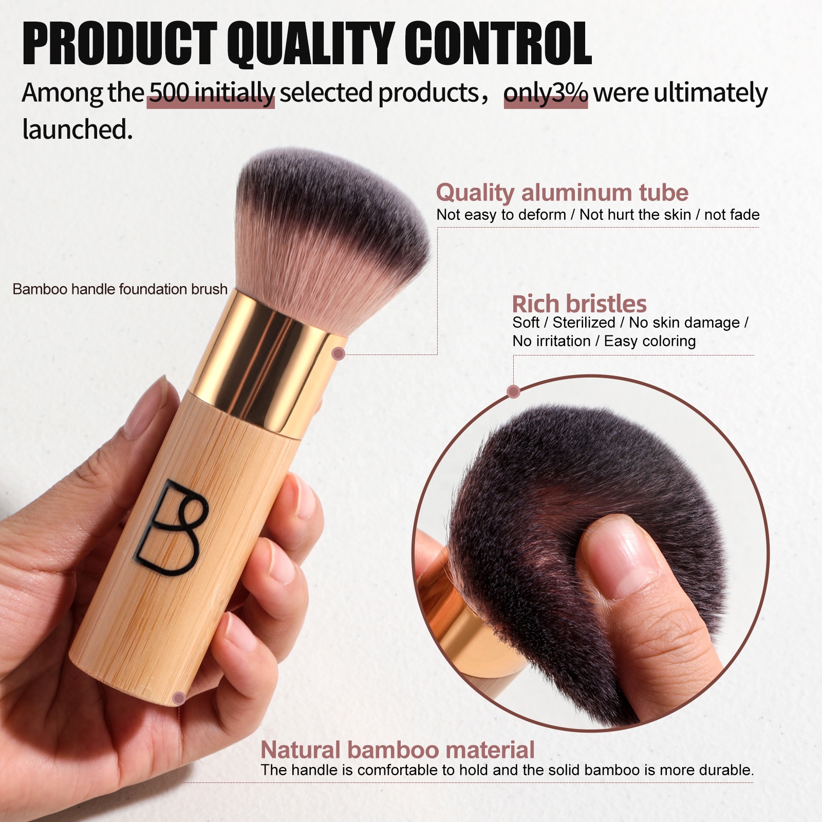 BS-MALL Eco-Friendly Bamboo Kabuki Brush Set Custom Logo High Density Vegan Synthetic Large Foundation Brush with Makeup Sponge
