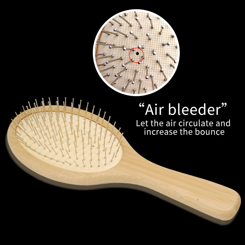 Natural Bamboo Handle Salon Care Scalp Massage Hair Brush Straightener with Stainless Steel Metal Pin Tooth