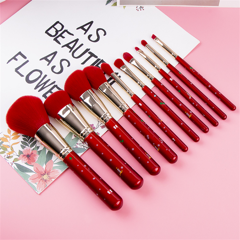 Christmas Gift 10 PCS Red Handle Premiun Synthetic Hair Vegan Makeup Brush Set