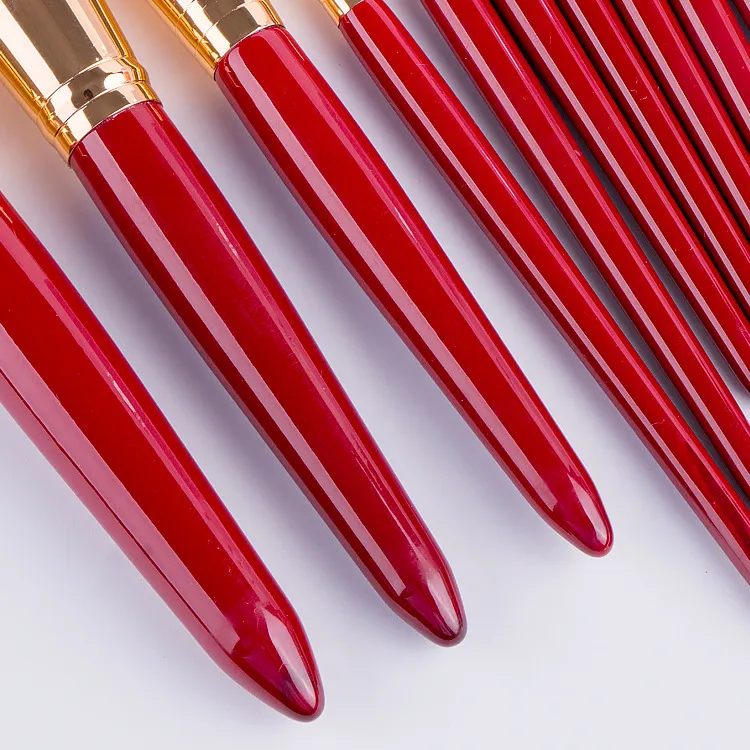 Professional 10PCS Makeup Brushes Set with Red Col Wooden Handle Foundation Brushes with Bag
