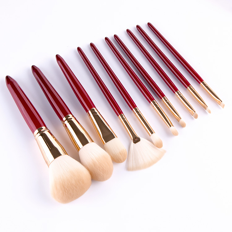 Professional 10PCS Makeup Brushes Set with Red Col Wooden Handle Foundation Brushes with Bag