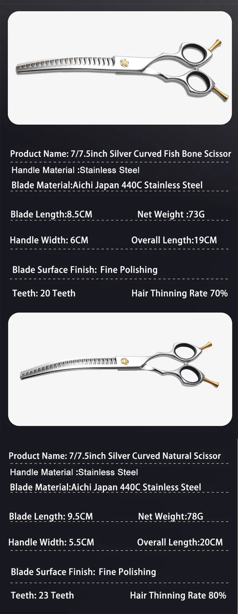 Japan 440c Curved Stainless Steel Pet Grooming Scissor Shear Set