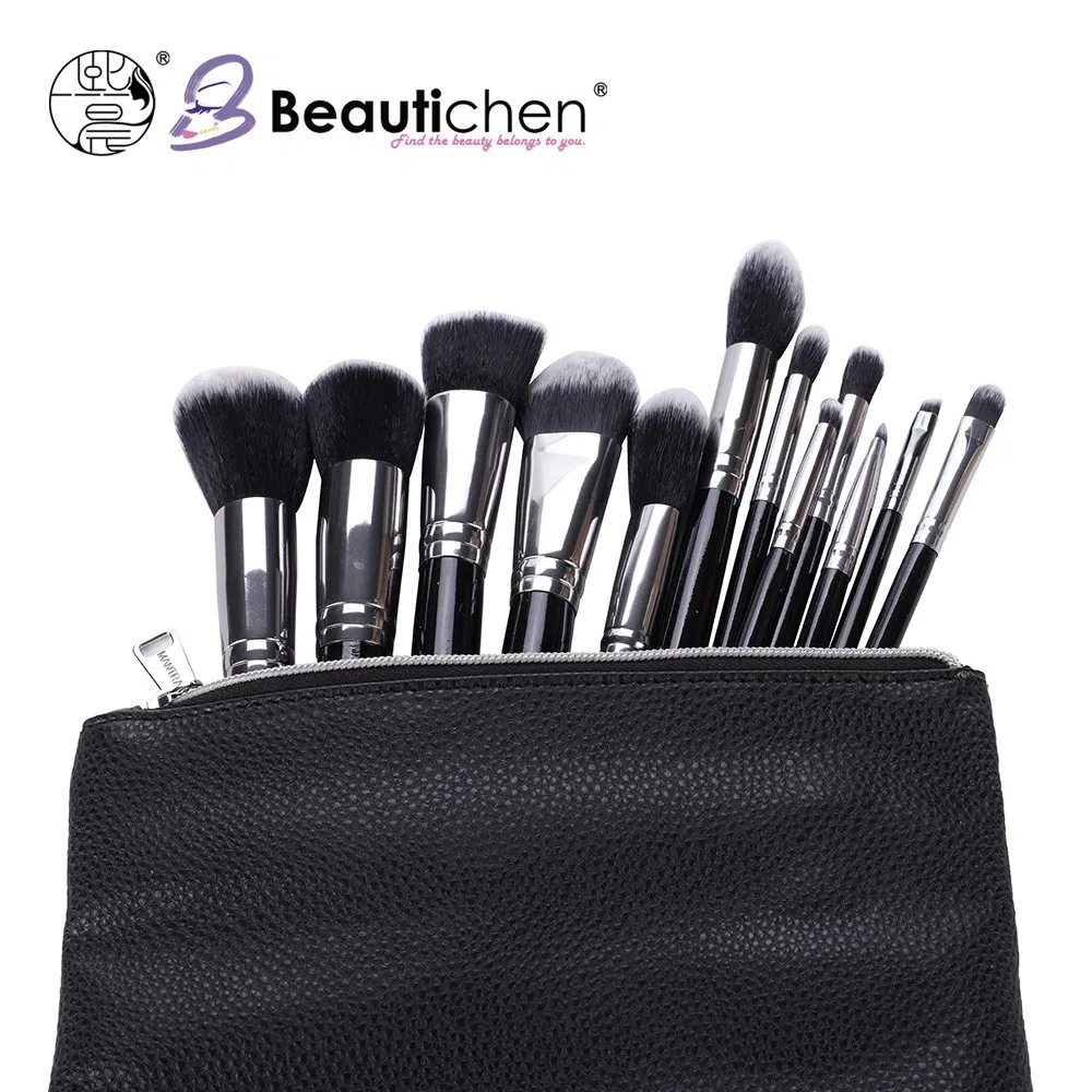 Beautichen 15PCS Professional Black &amp; Silver Makeup Brush Set with Zipper Bag – Premium Synthetic Bristles – Portable Full Cosmetic Brush Kit