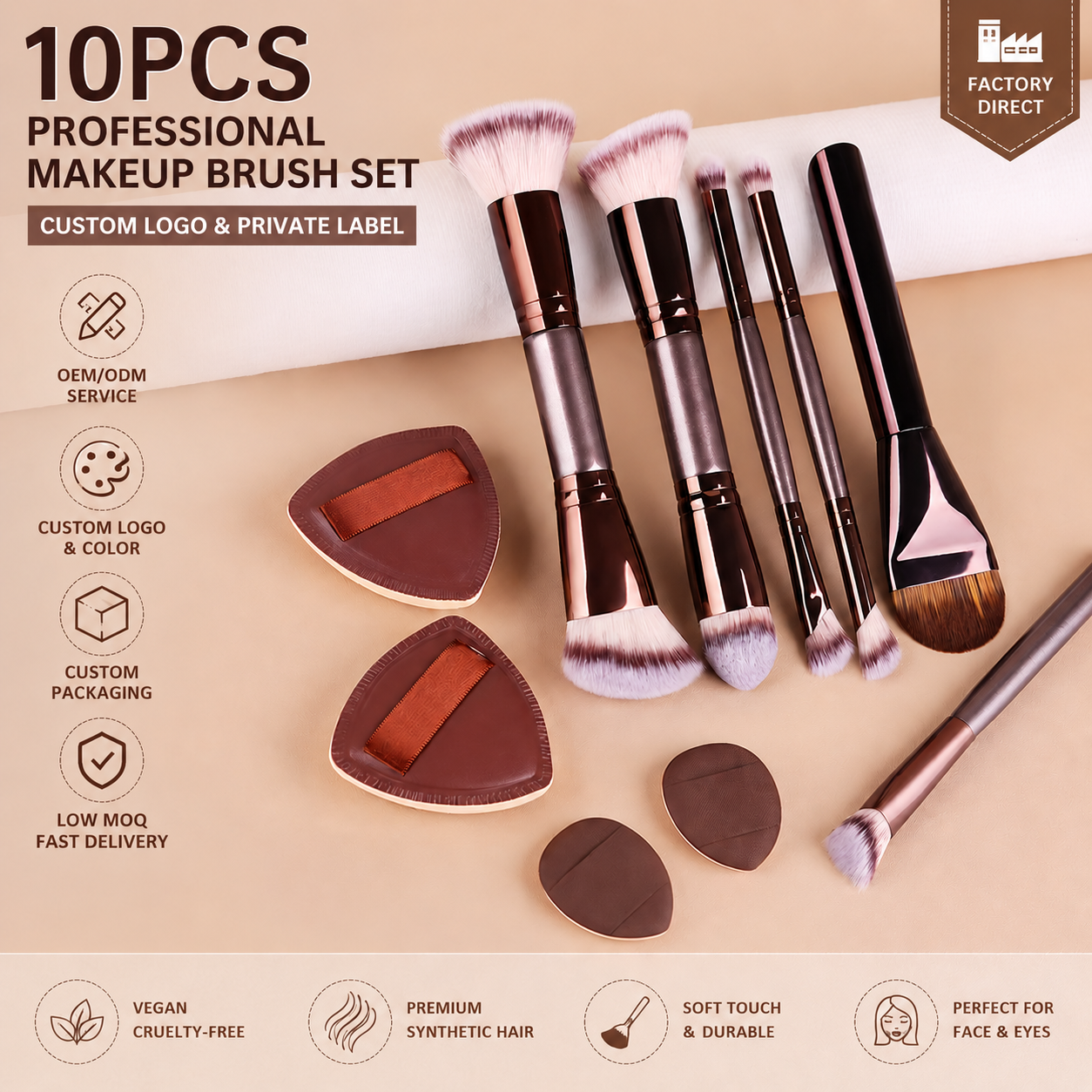 Dual-Ended Eye Makeup Brush Set with Triangle &amp; Finger Puffs | OEM Private Label Beauty Tools