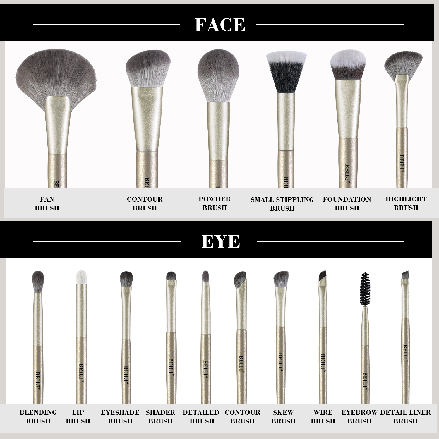 New Arrivals Private logo 16pcs Premium Makeup Tools champagne Color Vegan Makeup Brush Sets