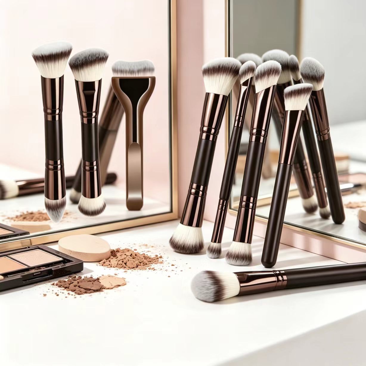 Cross-border New Double-headed 6-Piece Face Makeup Brush Set Flat Brush Foundation Blush Loose Powder Synthetic Fibre Soft Hair