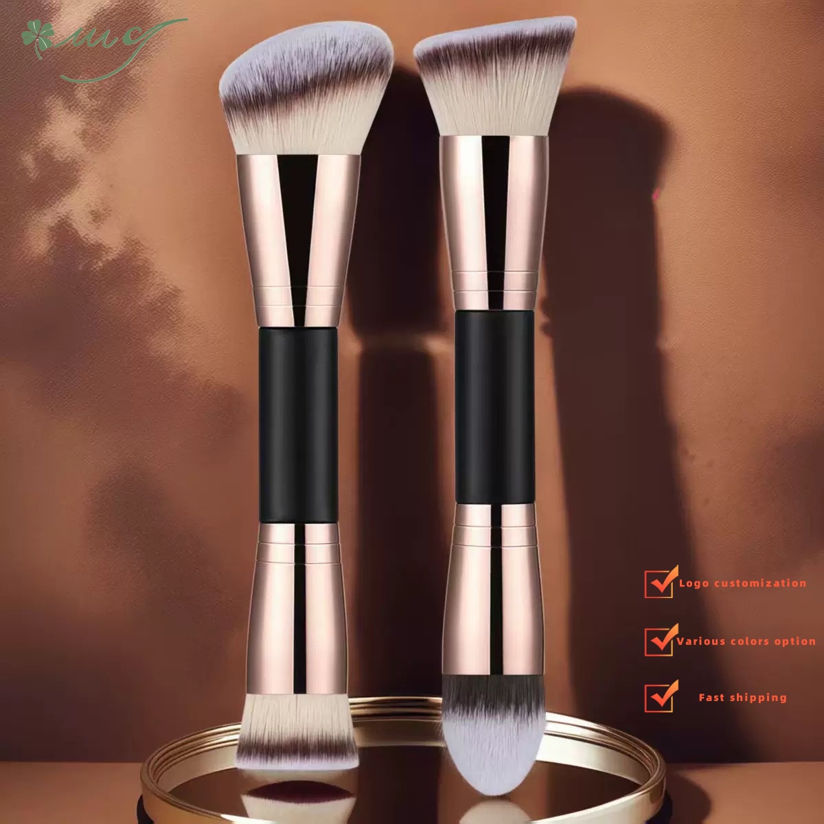 Simple Double-Ended Contour &amp; Foundation Makeup Brush Set with Synthetic Bristle Wood Handle-Multi-Function Face Makeup Tools