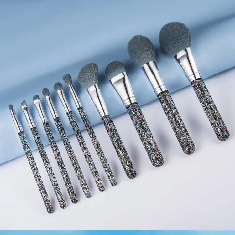 10 PC Colorful Floating Sequins Foundation Blending Blush Eyeliner Face Powder Beauty Makeup Brush Plastic Women's Fashion Makeup Brush Set