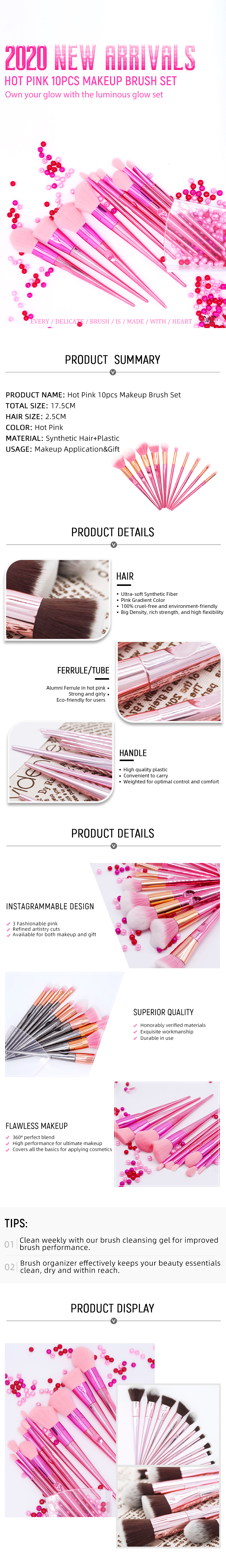 10pcs Glitter Pink Luxury Makeup Cosmetic Powder Foundation Brush Set